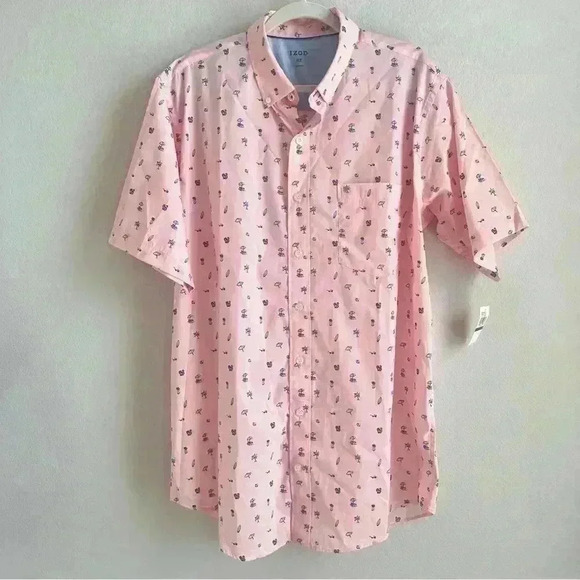IZOD Mens Pink Tropical Breeze Woven Short Sleeve Light Shirt X-Large Tall NWT - Picture 1 of 11